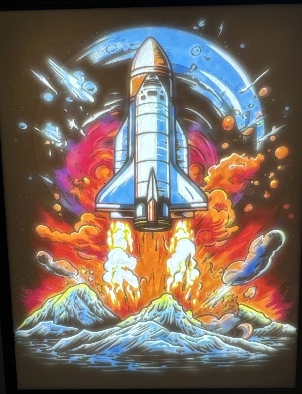 Colorful artwork of a space shuttle launching over mountains with vibrant flames and swirling cosmic elements.