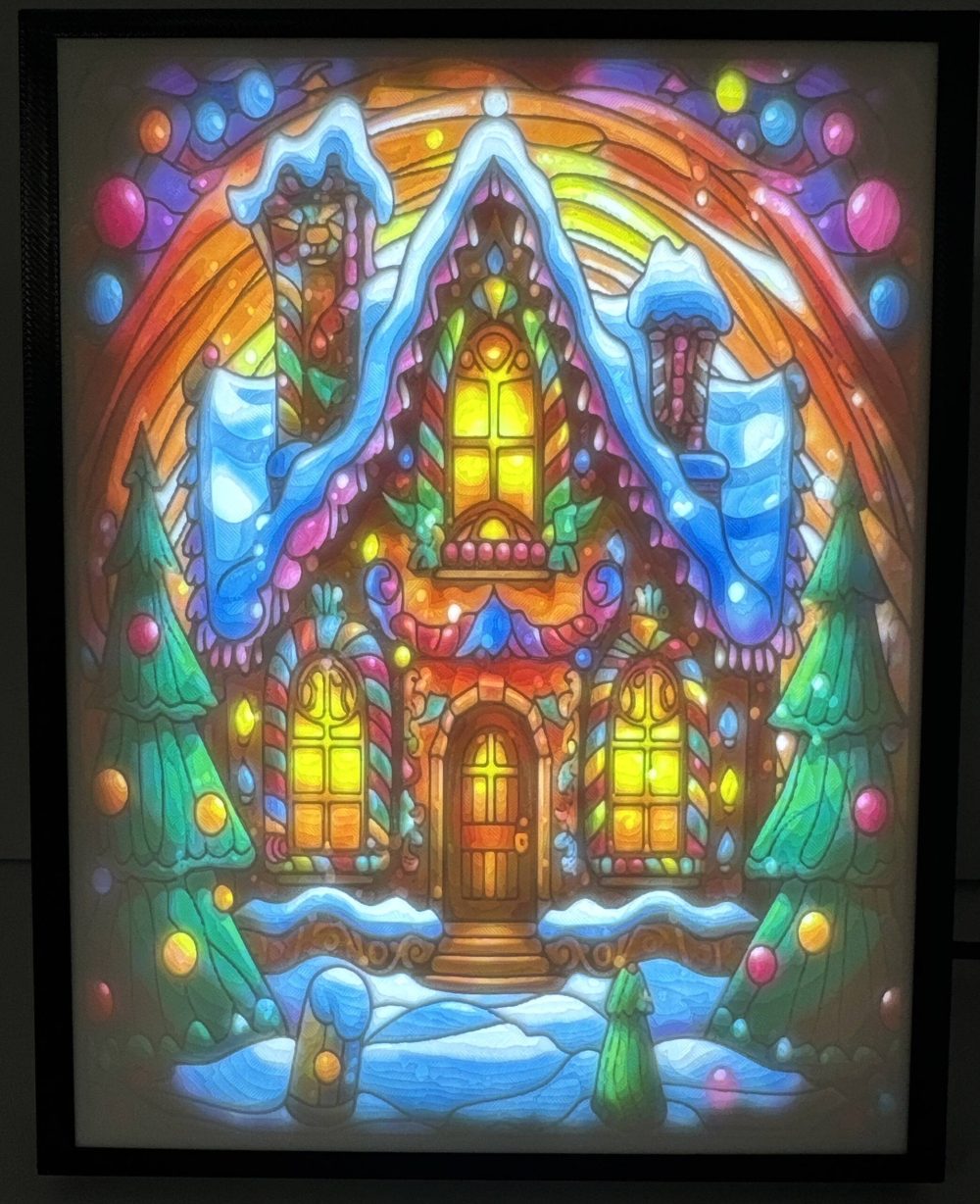 Colorful lighted lithophane of a gingerbread house with snowy roof and vibrant decorations.