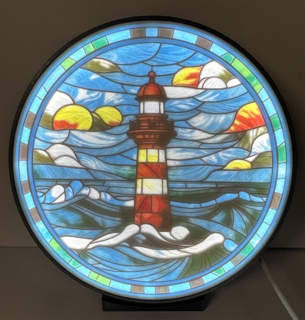 lighthouse Stained glass lithophane of a lighthouse with waves, well-suited for home decor.