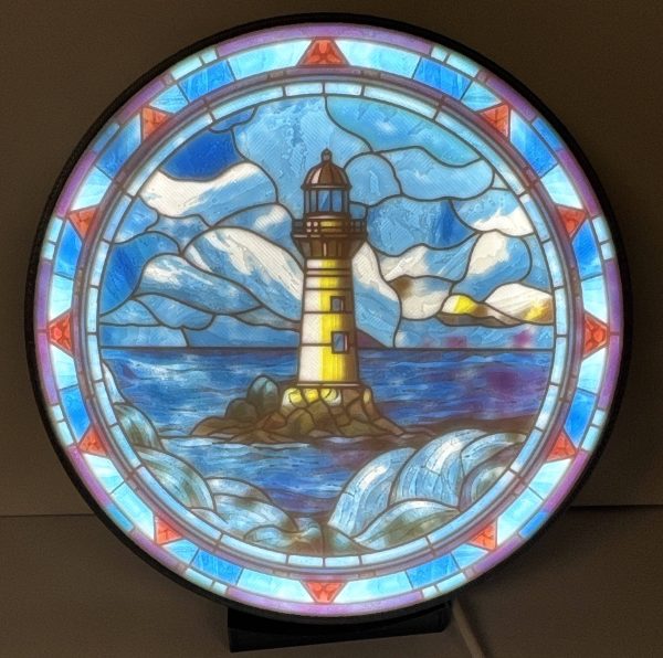 Nautical Stained Glass lamp featuring a coastal lighthouse design, ideal for coastal decor.