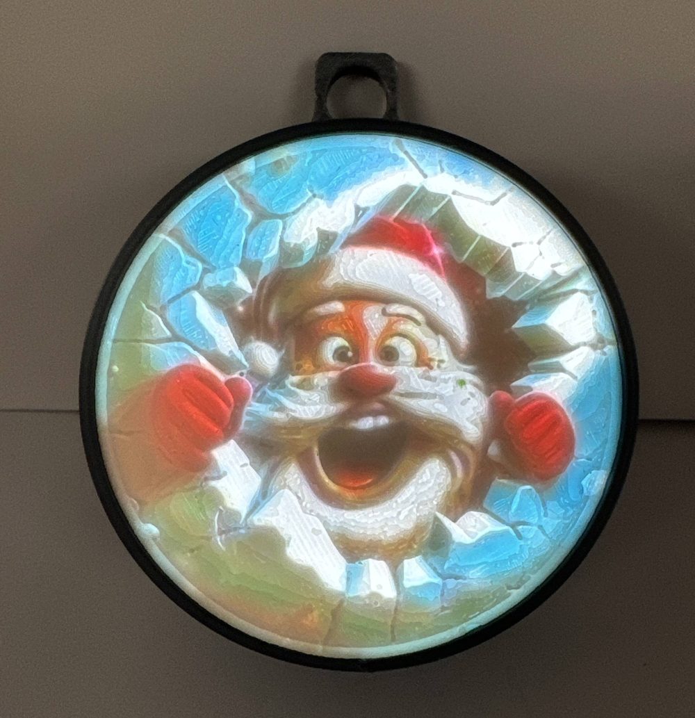 Lighted Santa Claus ornament with cracked ice effect, battery operated, circular frame.