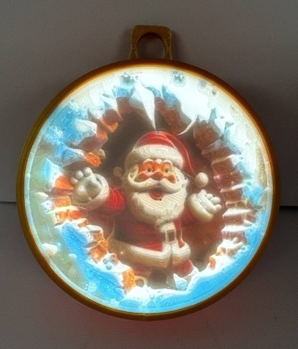 Lighted Santa Claus ornament, battery-operated, showing a joyful Santa in a snowy scene.