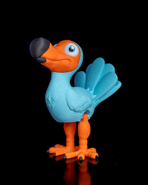 Articulated Dodo Bird – Custom – 3D Printed – Figure in blue and orange, displayed on a product page against a black background.