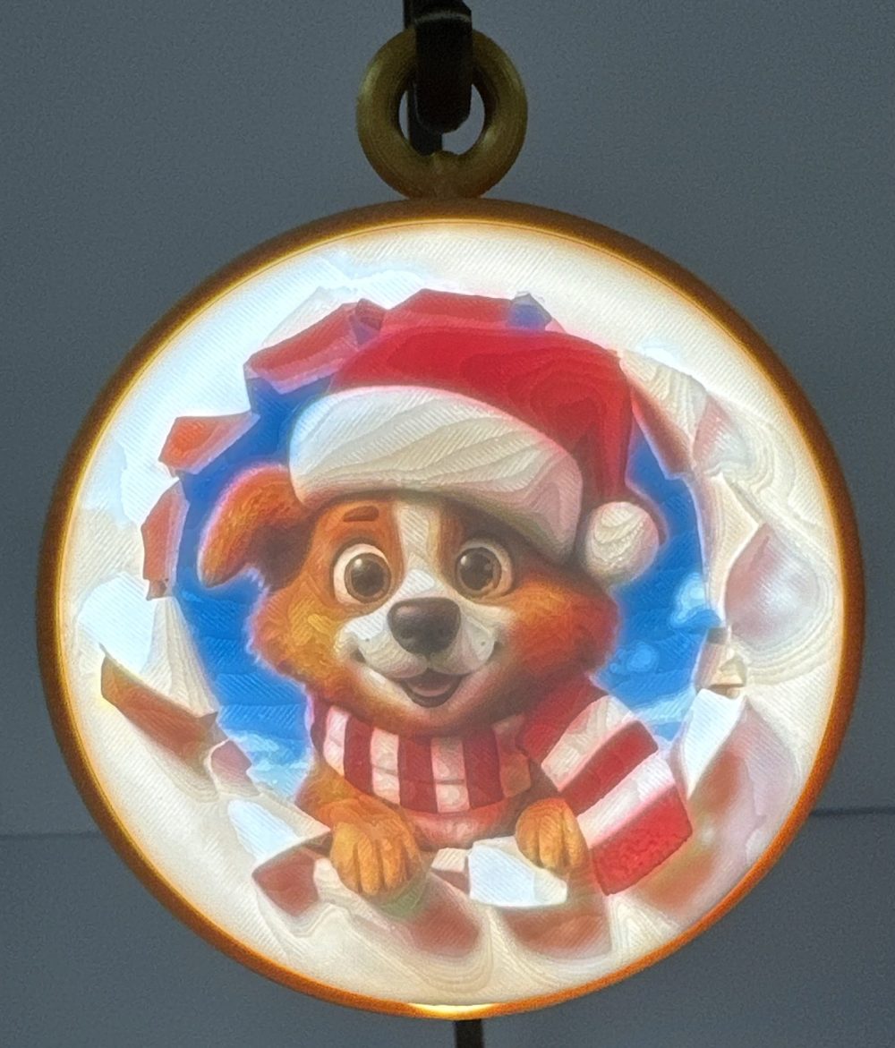 Battery Operated Lighted Dog Christmas Ornament with a festive puppy in Santa hat.