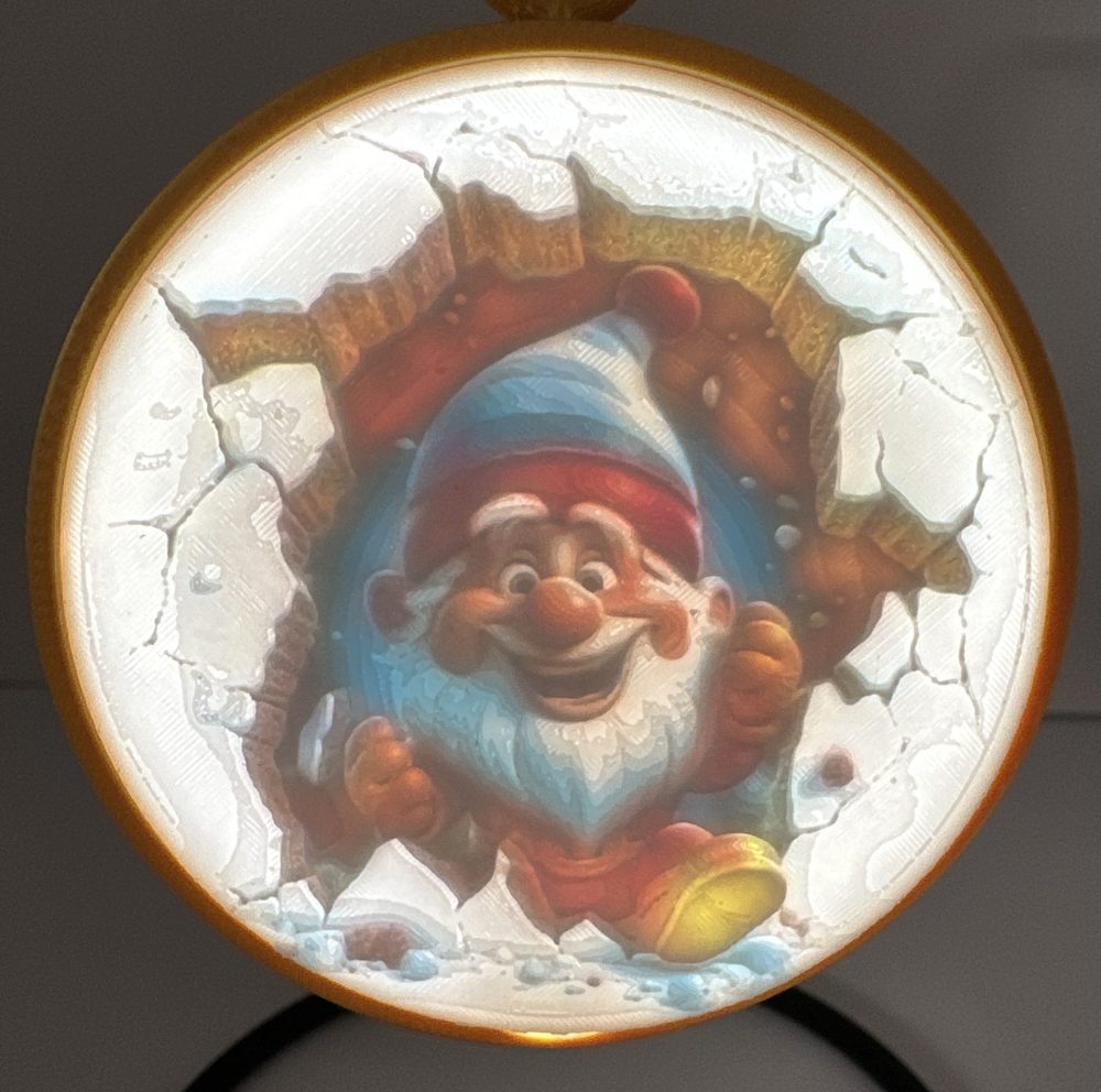 Round Christmas ornament featuring a cheerful gnome surrounded by snow and ice details.