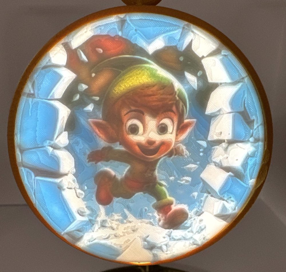 3D Funny Christmas Ornament featuring a cheerful elf breaking through a wall, perfect for adding humor to your holiday decor.