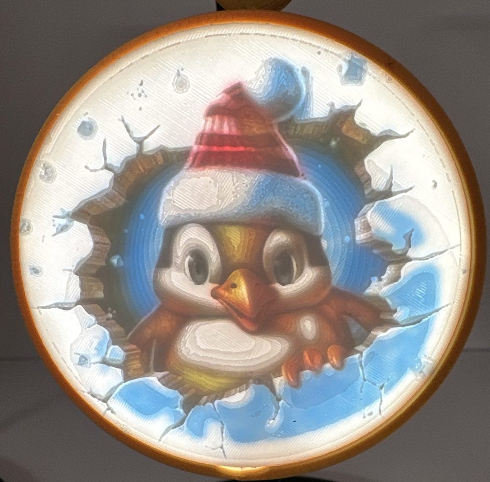 3D Funny Christmas Ornament featuring a cute penguin wearing a red and white hat, peeking through a cracked circular frame.