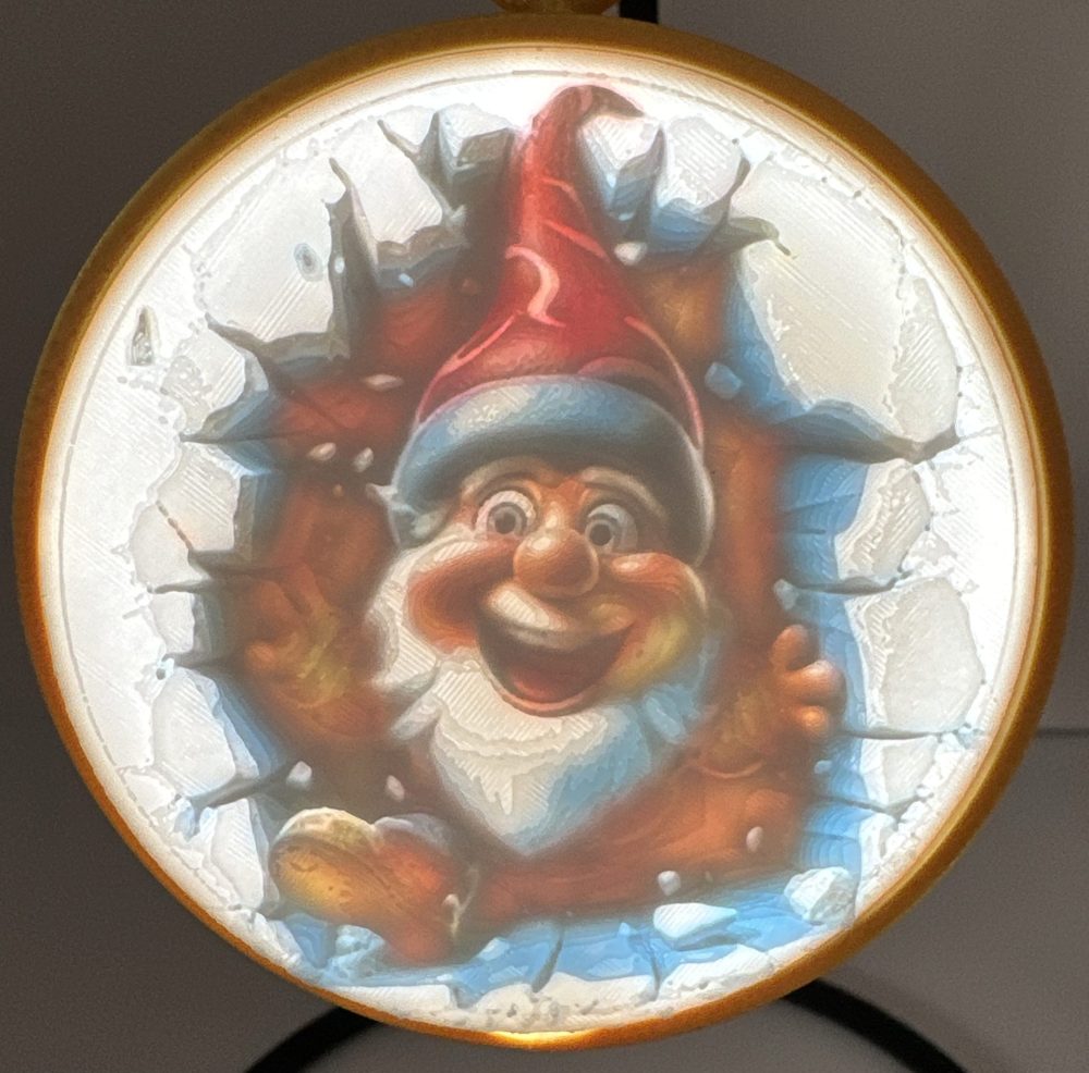 3D Funny Christmas Ornament featuring an excited gnome breaking through a surface, wearing a red hat and white beard.