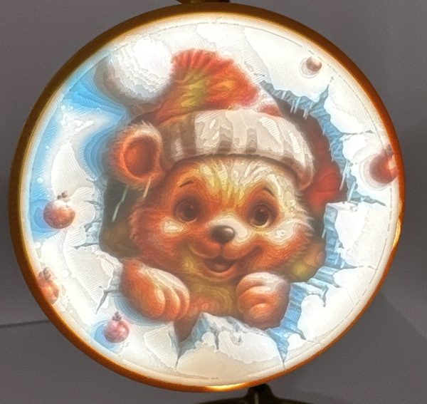 3D Funny Christmas Ornament featuring a cute bear wearing a festive hat, surrounded by snow and holiday decorations.