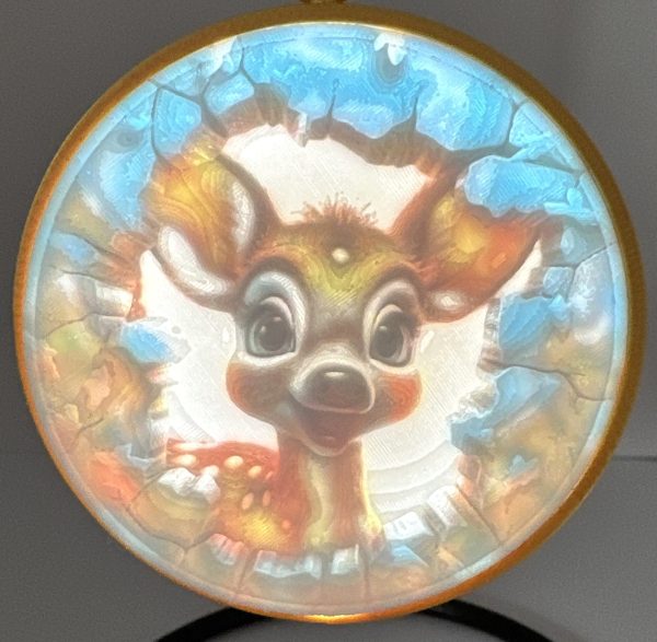 3D Funny Christmas Ornament featuring a smiling baby deer with big eyes and antlers, surrounded by colorful cracked ice effects.