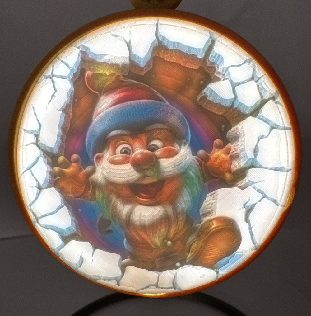 3D Funny Christmas Ornament featuring a cheerful running gnome breaking through a wall. Perfect for holiday decor and gifting.