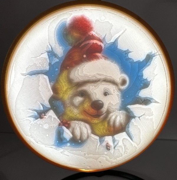 3D Funny Christmas Ornament featuring a cute polar bear wearing a Santa hat, peeking through snow with blue background.