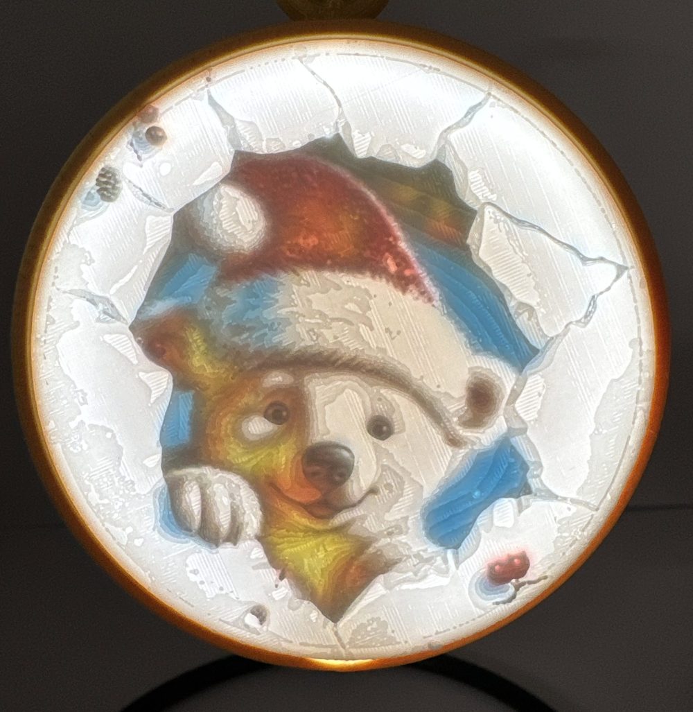 3D Funny Christmas Ornament featuring a smiling polar bear wearing a Santa hat, peeking through a cracked ice surface.